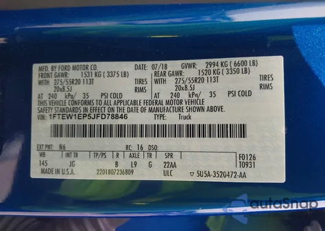 2018 Ford F-150 Xl из США, поврежденный, VIN 1FTEW1EP5JFD78846